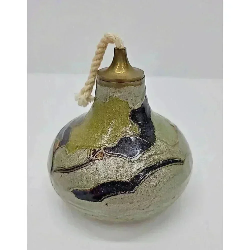 Vintage Brass Oil Pot Hand Clad with Ceramic Details Unused